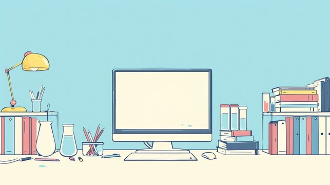 Simple blank template for animated background with outline of computer, book and test tube on one side. with copy space for text