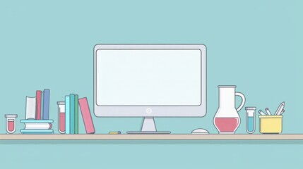 Fototapete - Simple blank template for animated background with outline of computer, book and test tube on one side. with copy space for text