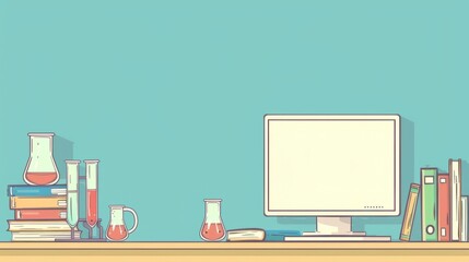 Fototapete - Simple blank template for animated background with outline of computer, book and test tube on one side. with copy space for text