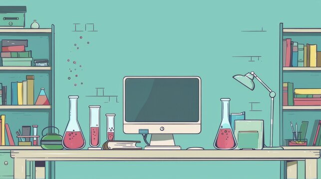 Simple blank template for animated background with outline of computer, book and test tube on one side. with copy space for text