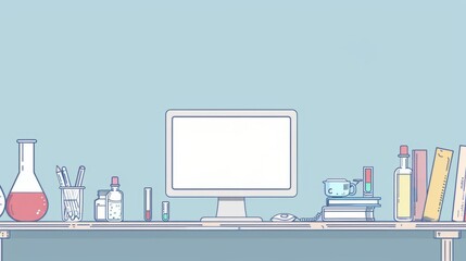 Fototapete - Simple blank template for animated background with outline of computer, book and test tube on one side. with copy space for text