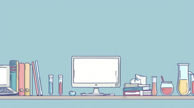Simple blank template for animated background with outline of computer, book and test tube on one side. with copy space for text