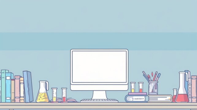 Simple blank template for animated background with outline of computer, book and test tube on one side. with copy space for text