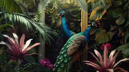 Wall Mural - tropical leaves greenery with green leaves and colorful peacock birds over black background