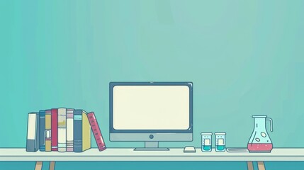 Fototapete - Simple blank template for animated background with outline of computer, book and test tube on one side. with copy space for text