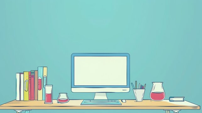 Simple blank template for animated background with outline of computer, book and test tube on one side. with copy space for text