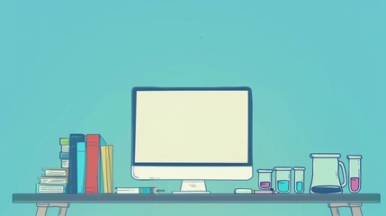 Fototapete - Simple blank template for animated background with outline of computer, book and test tube on one side. with copy space for text
