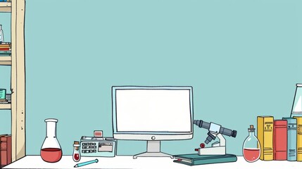 Fototapete - Simple blank template for animated background with outline of computer, book and test tube on one side. with copy space for text