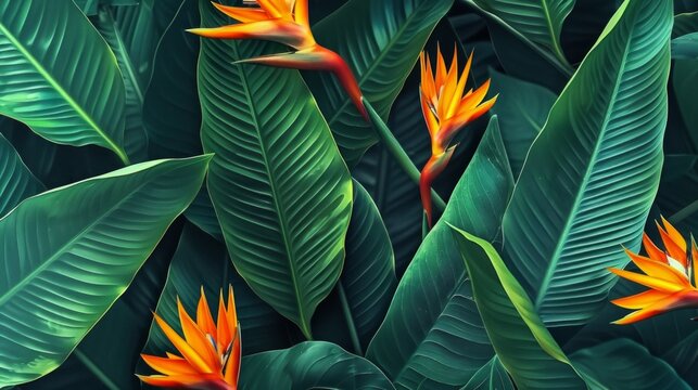 tropical leaves greenery with green leaves and strelizia flowers