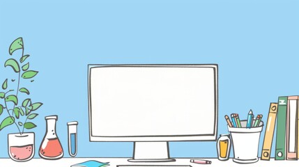Fototapete - Simple blank template for animated background with outline of computer, book and test tube on one side. with copy space for text