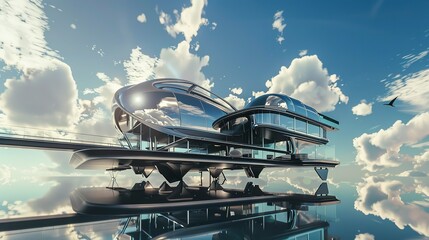 Canvas Print - Futuristic glass and steel home on a floating island, clouds reflecting on surfaces, wide-angle shot, midday clarity.