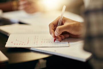 Leinwandbilder - Writing, strategy and hands of person in library for university education, scholarship course or project research. Growth, studying and college student with notes for exam, learning and job planning.