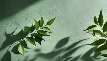 Wall Mural - Abstract tree leaves shadows on gray green concrete wall texture with roughness and irregularities. Abstract trendy nature concept background. Copy space for text overlay, poster mockup flat lay