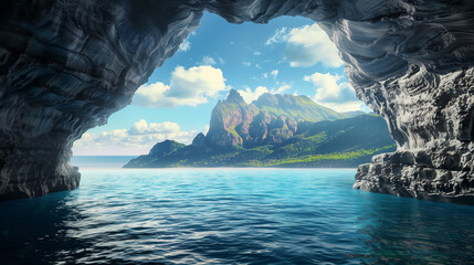 Wall Mural - A beautiful blue ocean with a mountain in the background