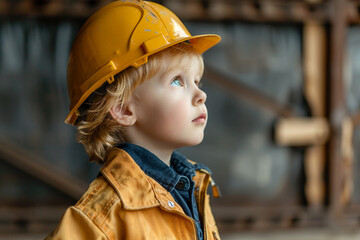 Wall Mural - AI generated photo image of small child wearing firefighter costume like adults