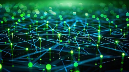 Wall Mural - Abstract digital network background with glowing green and blue nodes and connections, representing data, technology, and communication.