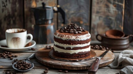 Wall Mural - Moody cake with coffee on rustic background