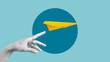 © Andrii - Business startup support and assistance. New product launch concept. Collage with the hand launching paper plane. Copy space for text