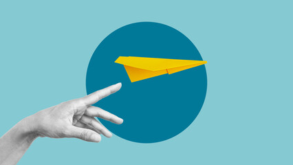 Poster - Business startup support and assistance. New product launch concept. Collage with the hand launching paper plane. Copy space for text