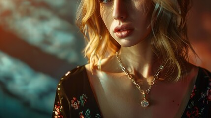 Wall Mural - Golden Hour Beauty: Close-up of Stylish Woman with Sunlit Necklace