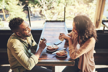 Sticker - Happy, couple and laughing with food at cafe for funny conversation, humor and bonding together. Woman, man and love with coffee on date at restaurant for breakfast, beverage and nutrition in morning