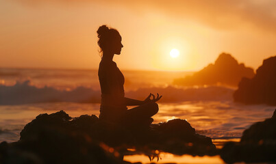 Wall Mural - Silhouette of a woman meditating on the beach at sunset