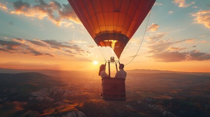 Couple Embracing in a Romantic Hot Air Balloon Ride Over a Stunning Sunset Landscape