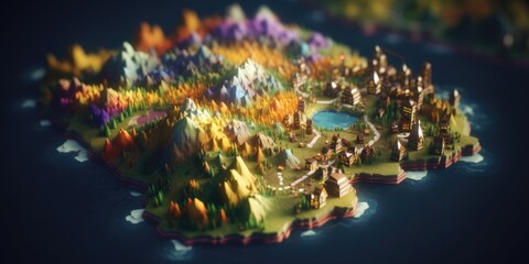 Miniature 3D island world with diverse city architecture and nature with dark background. Futuristic urban planning and green city concept. Design for urban development, eco city presentations. AIG35.