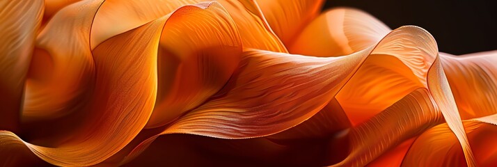 A closeup of orange ribbon with intricate curves and folds, set against a dark background, creating an abstract composition that suggests depth and movement. The focus is on the texture and tone 3:1