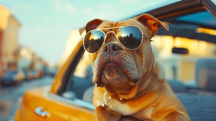 summer concept with dog in car
