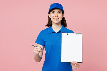 Sticker - Professional delivery girl employee woman wear blue cap t-shirt uniform workwear work as dealer courier hold give pen clipboard with papers document isolated on plain pink background. Service concept.