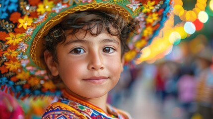 Wall Mural -  Vivid photo of a Mexican little boy in traditional attire, wearing a colorful sombrero