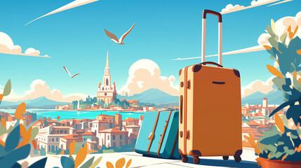 Wall Mural - Travel scene with suitcase against the backdrop of world landmarks. World travel, tourism, adventure, journey, vacation concept.