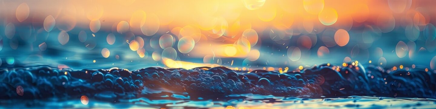 Abstract nature summer ocean sunset sea background. Small waves on water surface in motion blur with bokeh lights from sunrise 