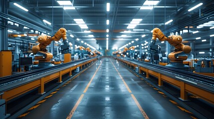 Wall Mural - Automated Factory Assembly Line with Robotic Machinery in Modern Industrial Setting
