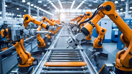 Poster - Automated Factory Floor with Robotic Arms Assembling Products in Modern Industrial Setting