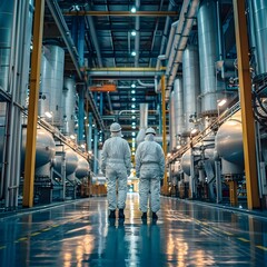 Poster - Chemical Plant Workers in Protective Gear Monitoring Industrial Processes and Equipment