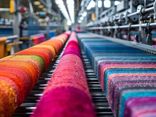 Wall Mural - Vibrant Textile Factory Rows of Looms and Sewing Machines Produce Colorful Fabrics for Industrial Production