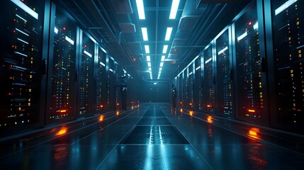 Poster - rows of servers and blinking lights in a modern data center ensuring smooth