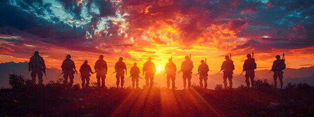 Soldier Silhouettes Against Dramatic Sunset Landscape with Powerful Atmosphere