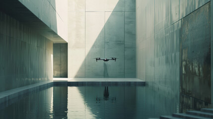 A drone is flying over a pool of water