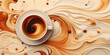 © Irène - Coffee background, a cup of coffee with latte art against a background of soft waves in brown tones, top view