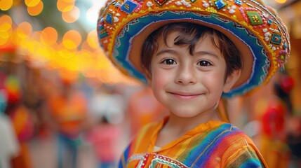 Wall Mural -  Vivid photo of a Mexican little boy in traditional attire, wearing a colorful sombrero