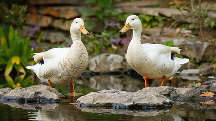 Two White Ducks Perched on Rocks by a Pond