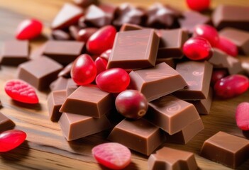 A close-up of ruby chocolate pieces on a wooden table with cocoa beans in the background