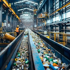 Poster - Automated Recycling Plant with Conveyor Belts Sorting Various Materials for Sustainable Processing