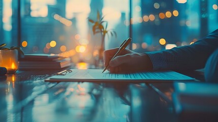 Poster - Businessman Signing Commercial Insurance Policy at Desk in Professional Environment Insurance Concept with Copy Space