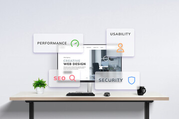 Leinwandbilder - Modern office desk with computer displaying web design agency concept: floating windows highlight web page performance, usability, SEO, and security. Web design principles visualized