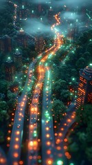 Poster - dynamic microgrid of a futuristic neon lit smart city illuminating the nightscape