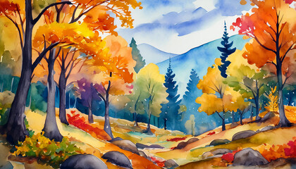 Wall Mural - Abstract watercolor painting of autumn forest. Landscape with trees and bushes. Natural scenery.